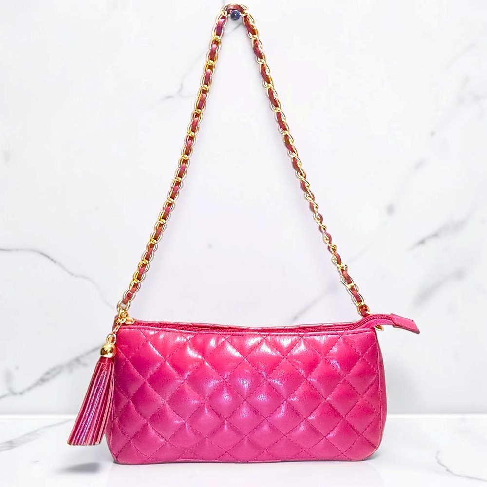 VTG Amanda Smith Quilted Shoulder Bag Magenta Pink Gold Chain Strap Tassel Y2K